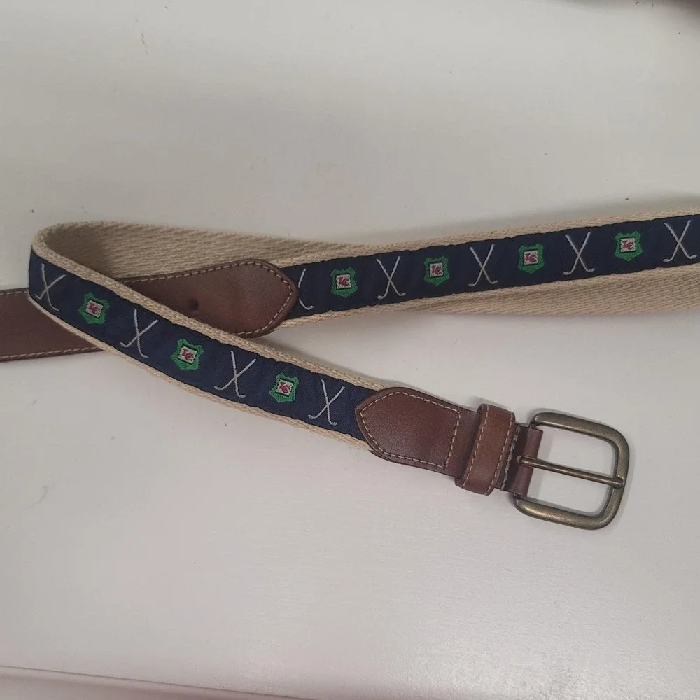 Mens‎ Golf Ribbon Belt Tan Canvas Navy Blue Embroidered Clubs Crest Leather Trim